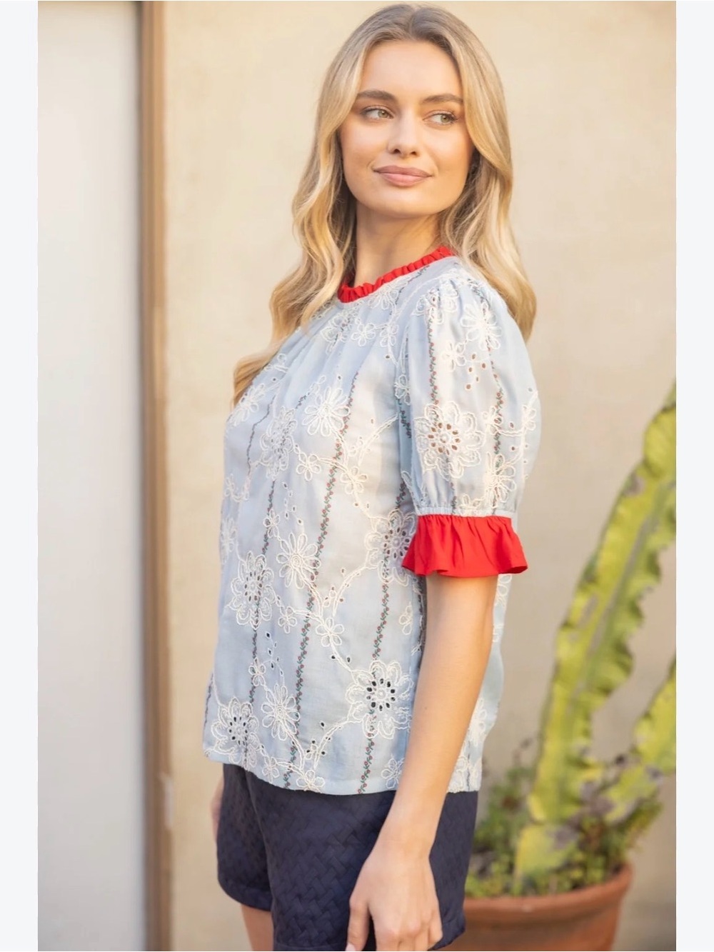 Light Blue Eyelet Blouse with Red Trim - Women's Top